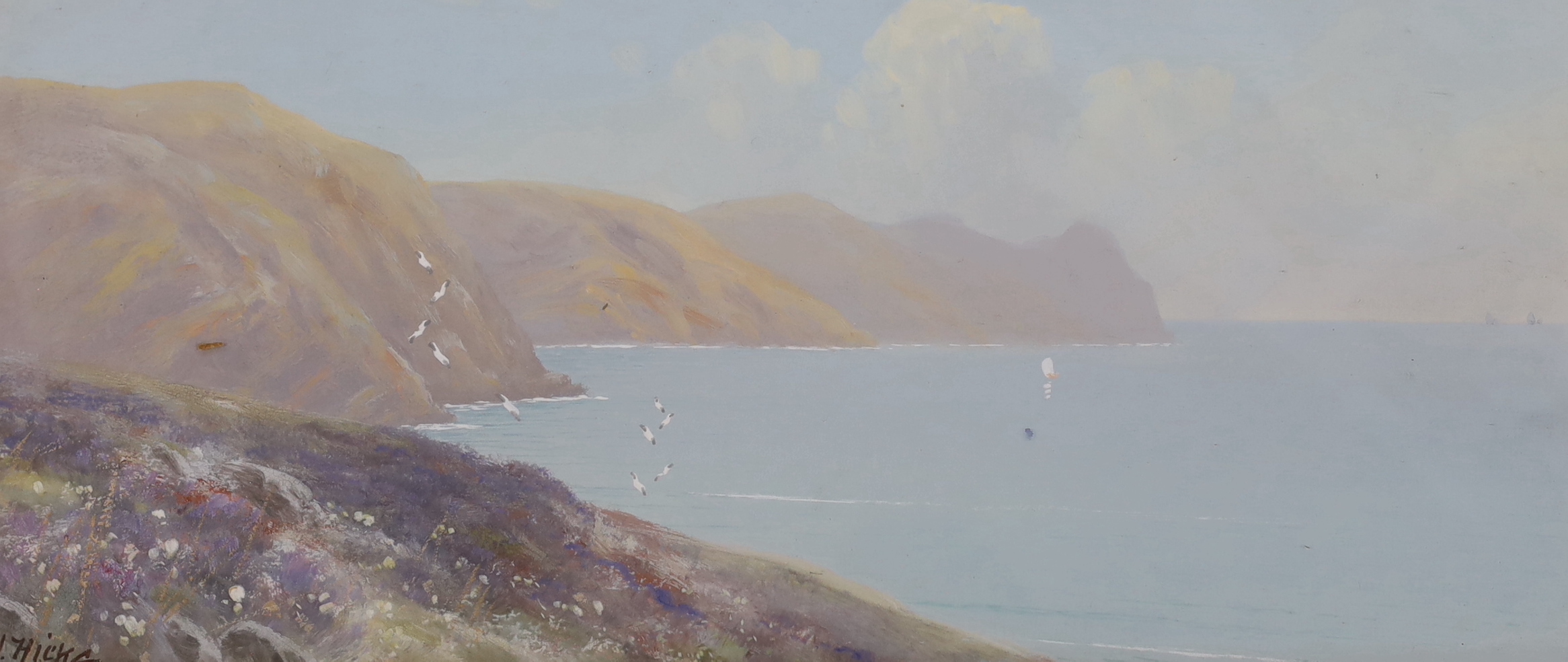 Herbert William Hicks (1880-1944), two oils on board, Coastal landcscape with cliffs and Highland landscape, largest 27.5 x 19cm